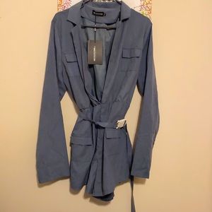 Dusky Blue Belt Detail Plunge Utility Romper